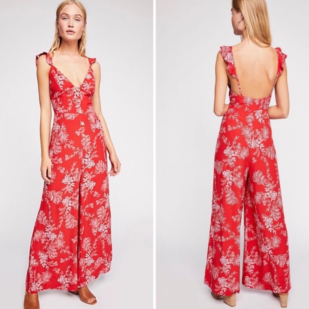 Free People / Red Floral Be The One Jumpsuit